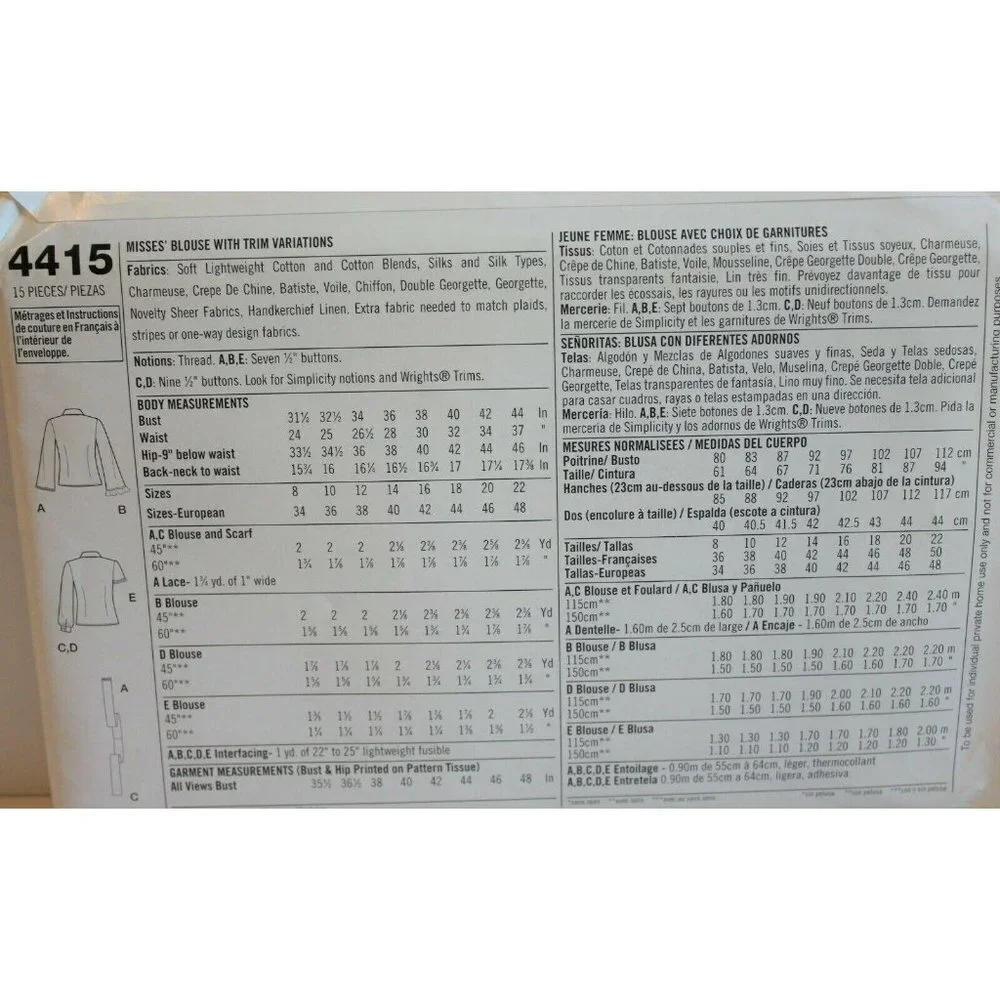 Simplicity Sewing Pattern 4415 Blouse with Trim Size‎ 8-16